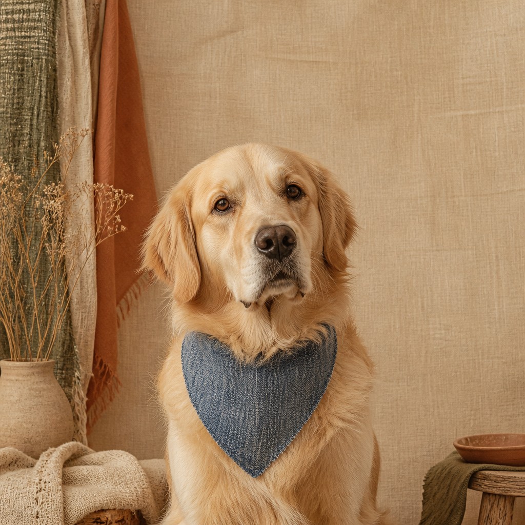 portrait of a golden retriever wearing a blue bandana, warm plain backdrop, no text — Sustainable Fashion Design pet portrait