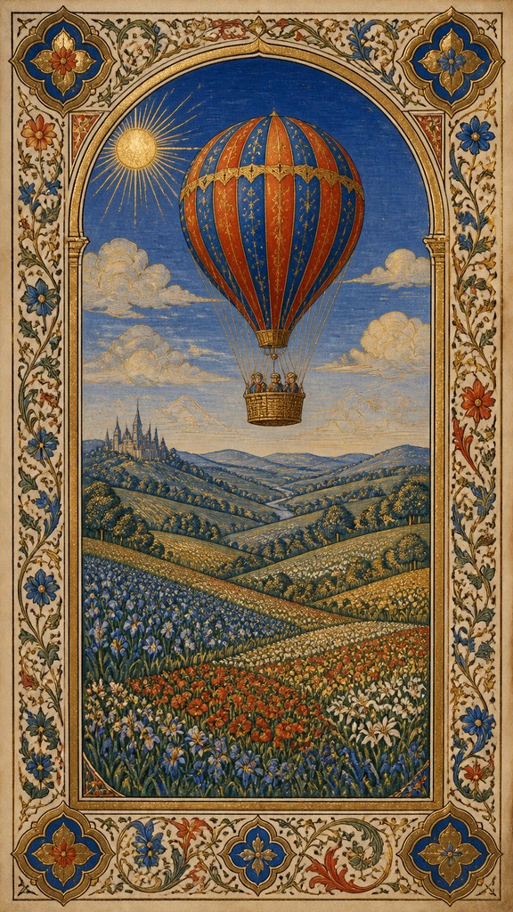 a hot air balloon drifting over rolling flower fields on a sunny day, cheerful, no text — Medieval Gothic Art greeting card