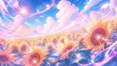 an endless field of sunflowers under summer clouds, no people — Magical Girl Anime Art Style wallpaper
