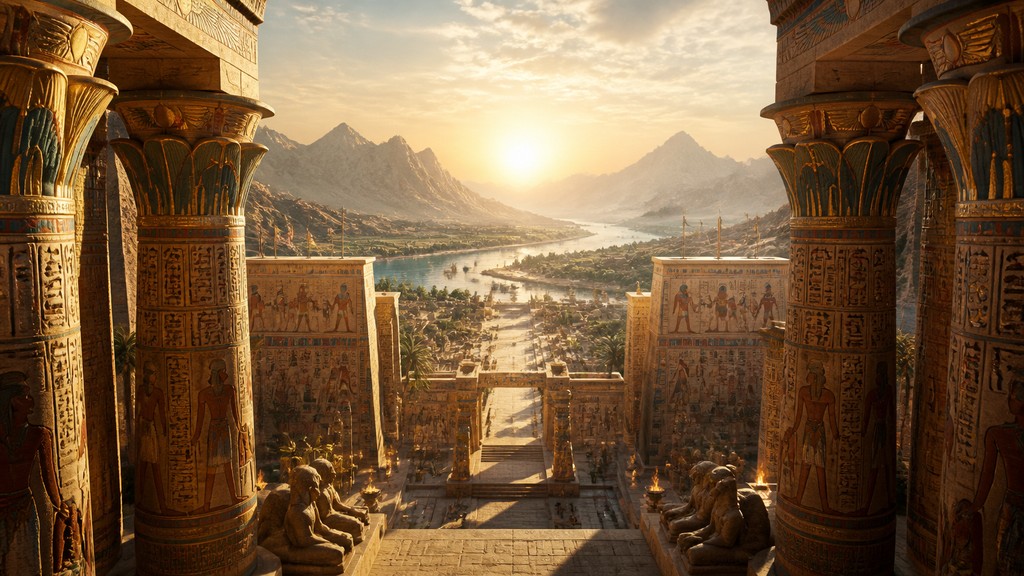 a vast valley with a river winding toward distant mountains at sunrise, no people, no text — Ancient Egyptian Architecture desktop wallpaper
