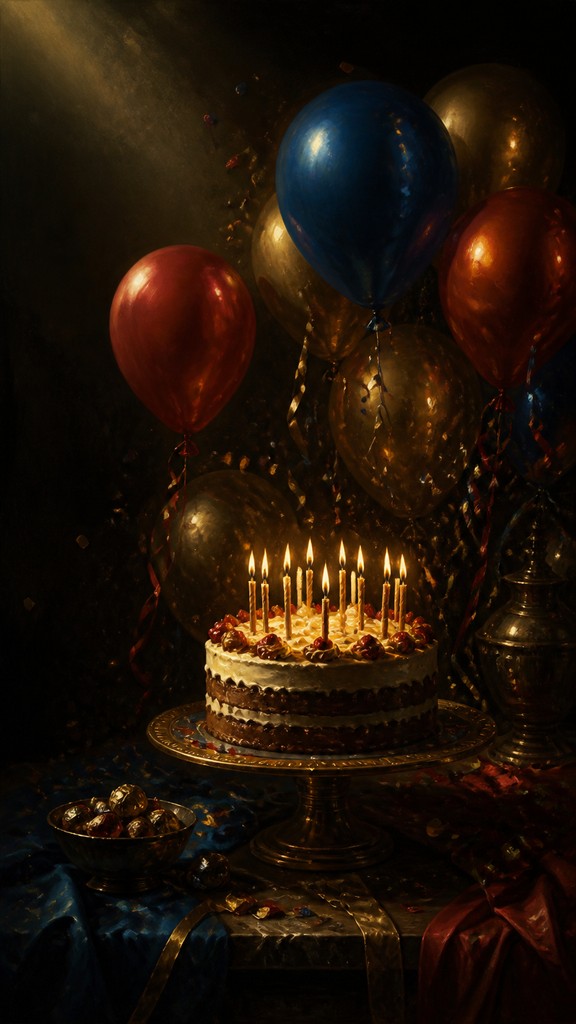 a birthday cake with lit candles surrounded by balloons and confetti, festive vertical composition, no text — Dutch Golden Age Still Life Art Style birthday card