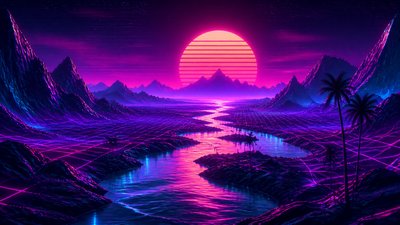 a vast valley with a river winding toward distant mountains at sunrise, no people, no text — Synthwave Aesthetic wallpaper