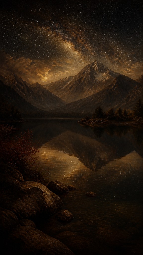 a tranquil mountain lake beneath a starry night sky, no people, no text — Renaissance Portrait Art Style phone wallpaper