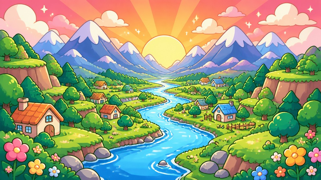 a vast valley with a river winding toward distant mountains at sunrise, no people, no text — Chibi Anime Art Style desktop wallpaper