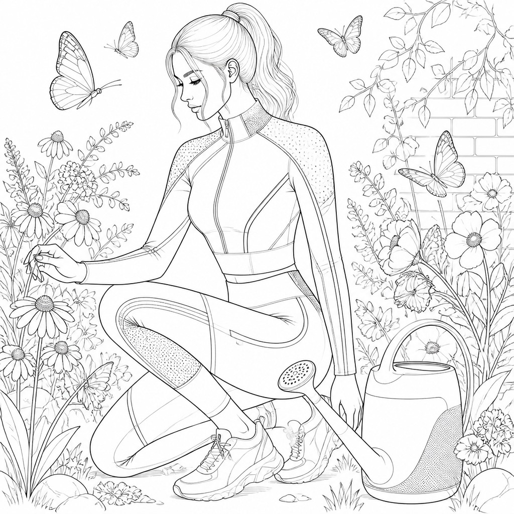 a garden scene with butterflies, flowers and a watering can, clean uncolored line art, no text — Athleisure Fashion Design coloring page