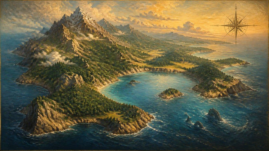 a map of an island realm with mountains, forests, a sheltered bay, sea monsters in the water and a compass rose, no text labels — Landscape Nature Art fantasy map