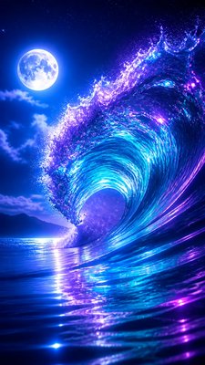 an ocean wave curling under moonlight, no people — Digital Art Style wallpaper