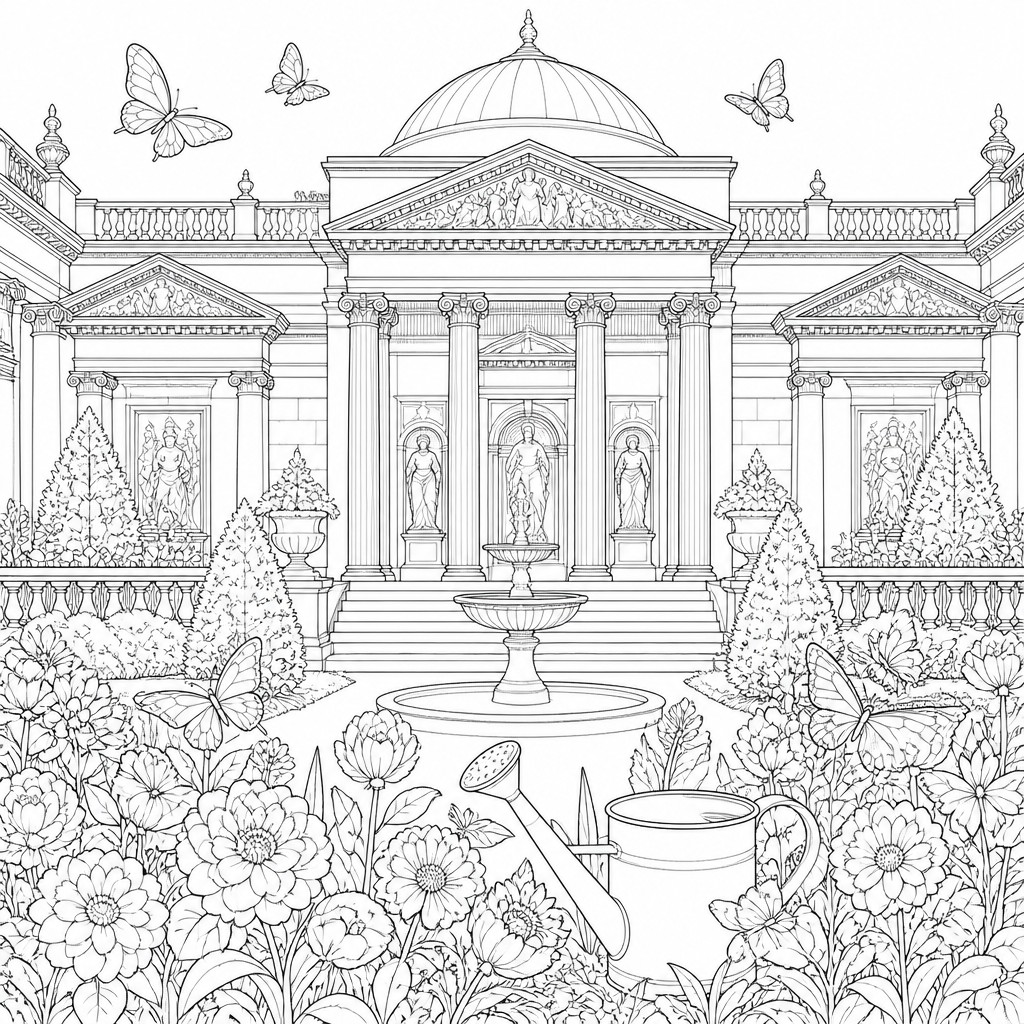a garden scene with butterflies, flowers and a watering can, clean uncolored line art, no text — Neoclassical Architecture coloring page