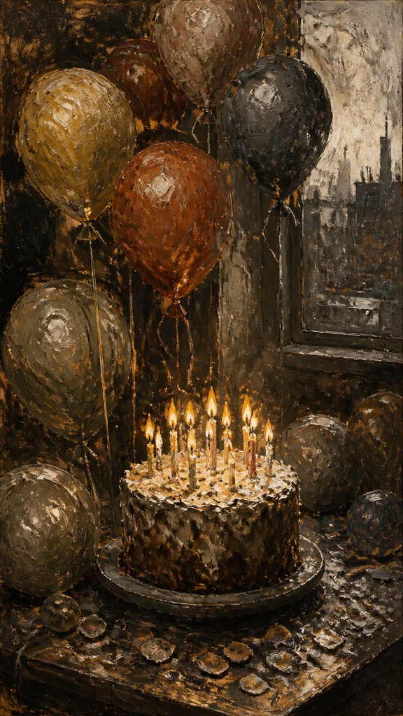 a birthday cake with lit candles surrounded by balloons and confetti, festive vertical composition, no text — Ashcan School Art Style birthday card