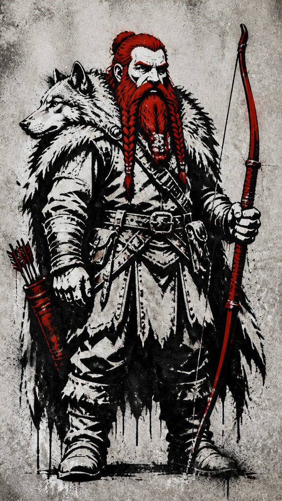full-body original character: a dwarven ranger with a braided auburn beard, worn leather armor, a longbow and a wolf-pelt cloak, neutral background, no text — Stencil Street Art Style tabletop character portrait