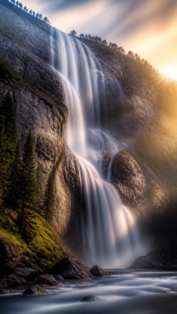 towering waterfall cascading down a cliff — Long Exposure Photography Style