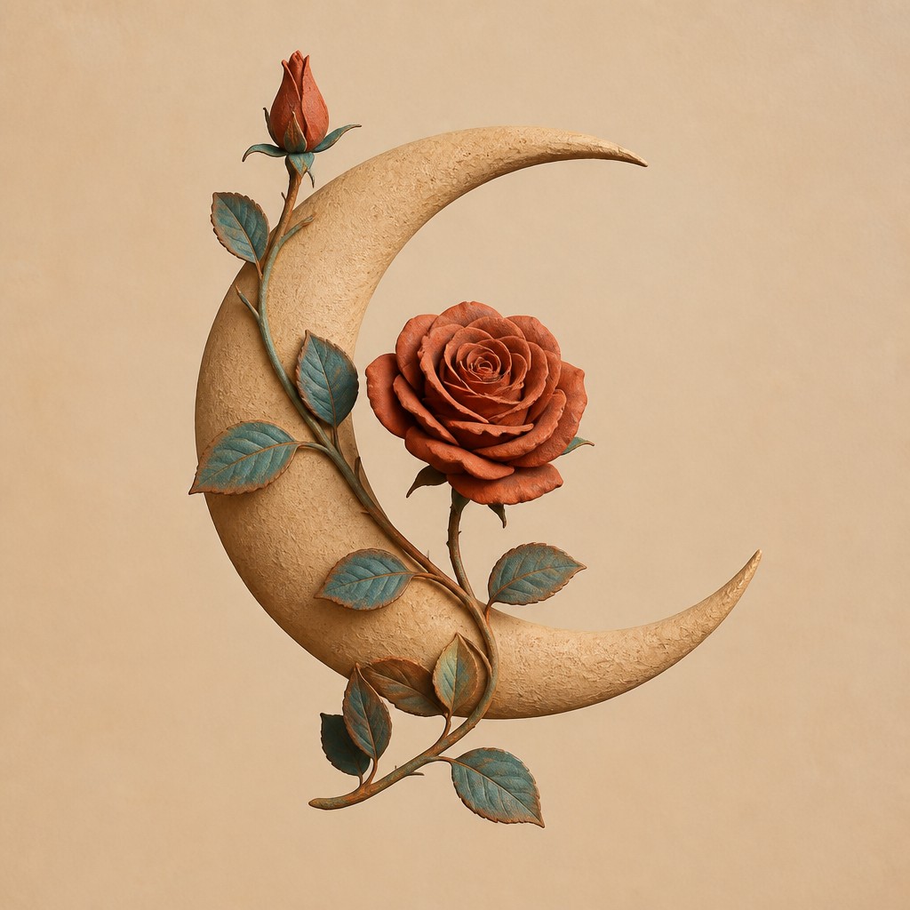 a rose entwined with a crescent moon, clean balanced composition on a plain background, no text — Southwestern Interior Design tattoo design