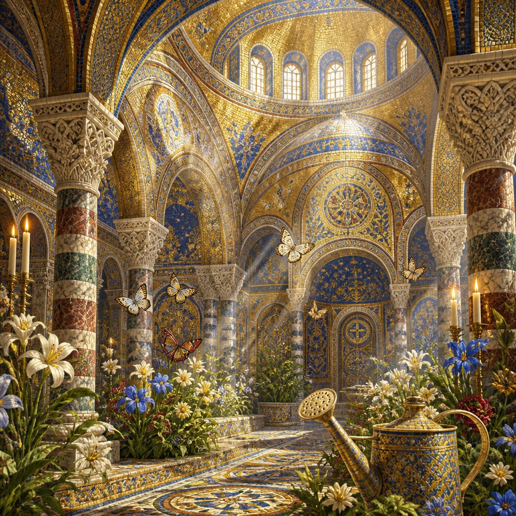a garden scene with butterflies, flowers and a watering can, clean uncolored line art, no text — Byzantine Architecture coloring page