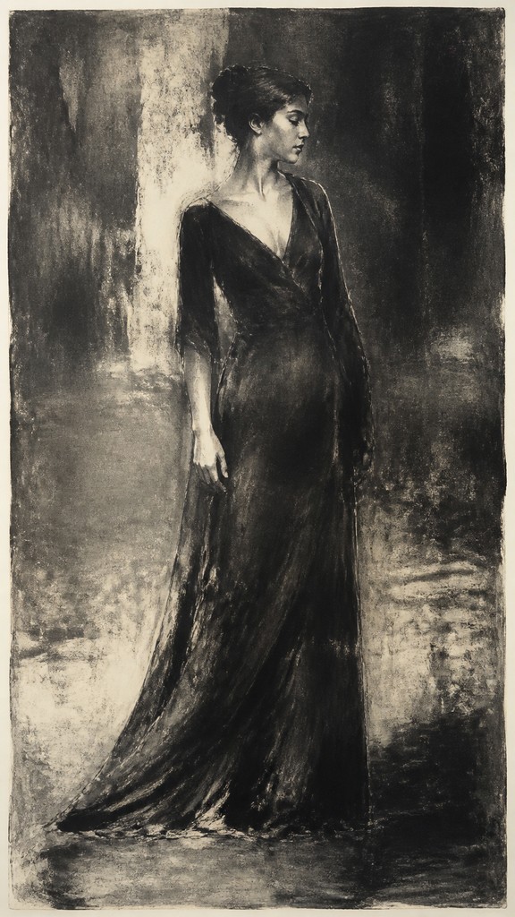 full-length portrait of an elegant figure — Monotype Print Style