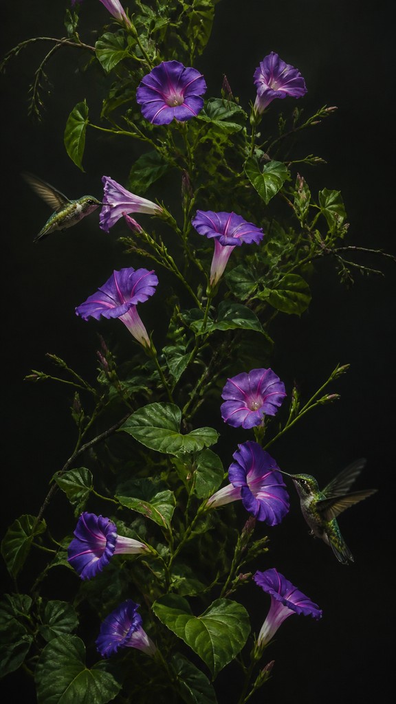 a climbing vine of flowers and hummingbirds on a dark background, tall wrapping composition, no text — Realistic Landscape Art Style phone case design