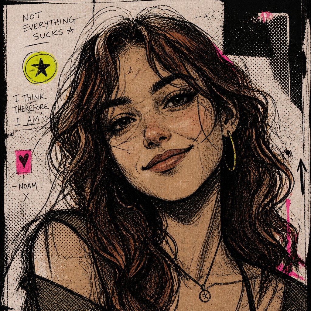 head-and-shoulders portrait of an original character: a young woman with wavy chestnut hair and a warm smile, plain soft backdrop — Indie/Alternative Comic Art profile picture
