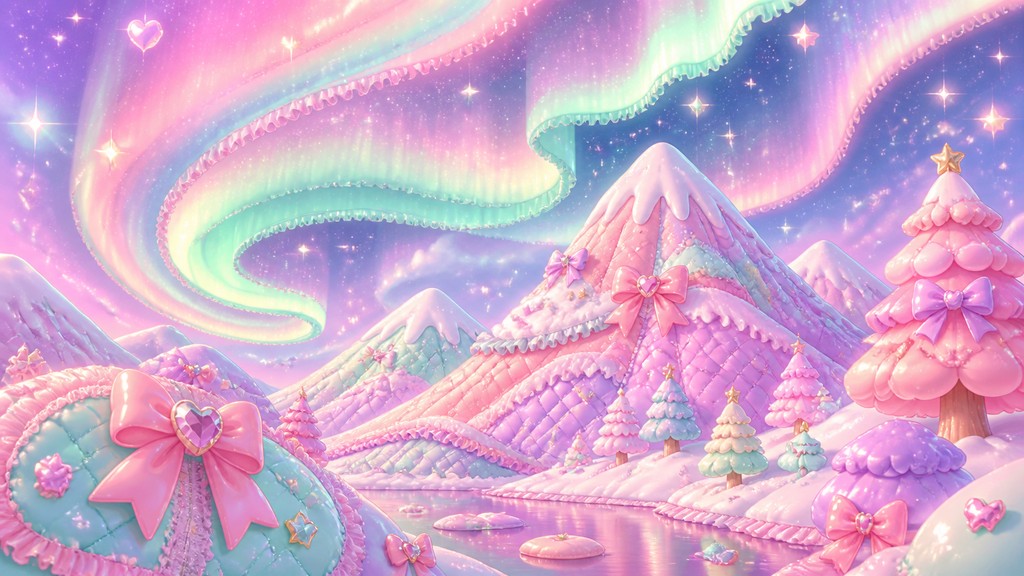 a flowing aurora over snowy peaks, wide sweeping composition, no people, no text — Kawaii Fashion Style banner