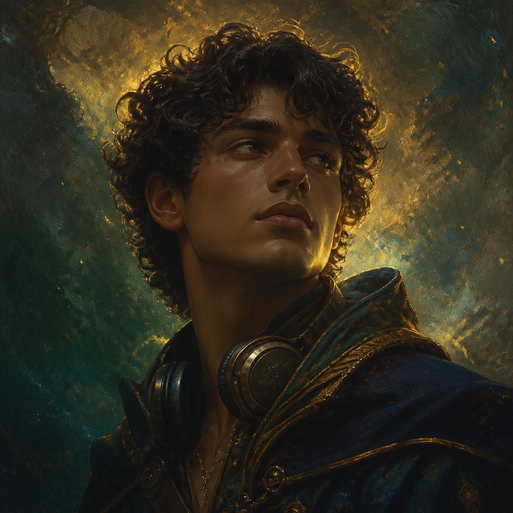 head-and-shoulders portrait of an original character: a young man with curly dark hair and headphones around his neck, plain backdrop, no text — Epic Fantasy Art Discord profile picture
