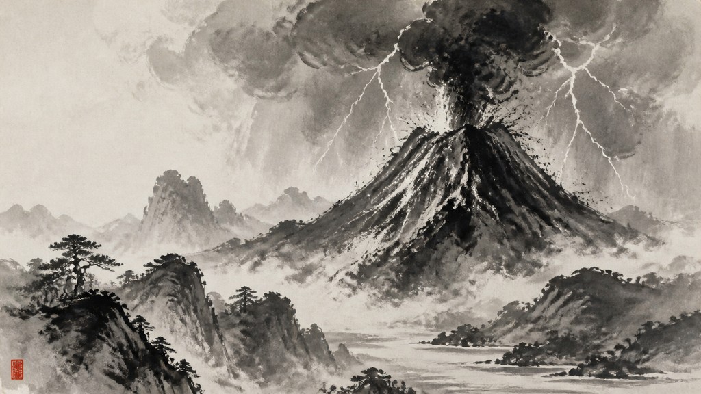 an erupting volcano with lightning strikes, dramatic wide composition, no text — Traditional Chinese Landscape Art Style YouTube thumbnail