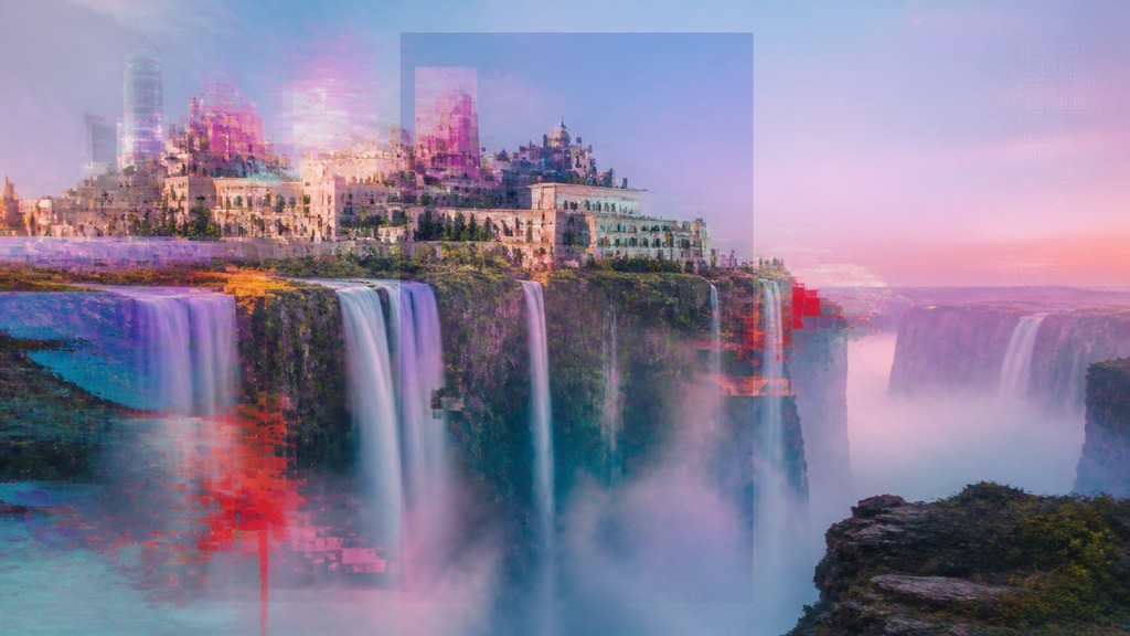 a cliffside city with waterfalls cascading into a misty canyon, wide establishing shot, no people, no text — Post-Internet Contemporary Art Style concept art