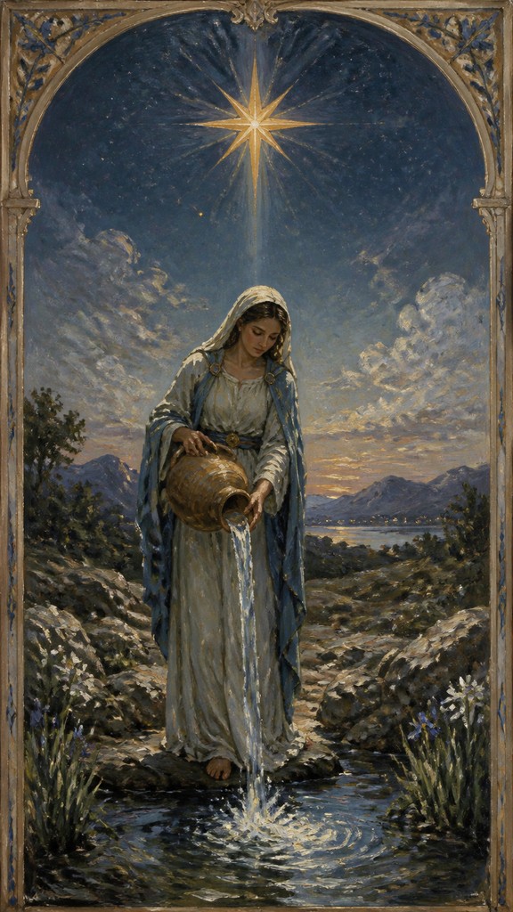 a robed figure pouring water beneath a large eight-pointed star in a night sky, symmetrical composition with an ornate decorative border, no text — Plein Air Realism Art Style tarot card