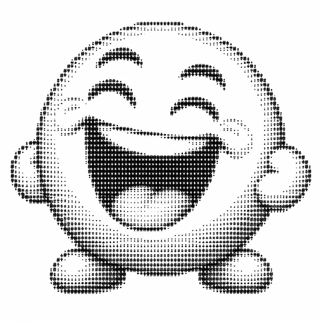 an exaggerated laughing face of an original round mascot character, bold and readable at small size, plain background, no text — ASCII Art Style Twitch emote