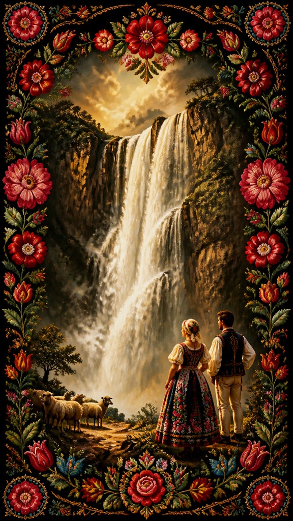 towering waterfall cascading down a cliff — Hungarian Art Style
