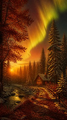 a snowy pine forest under the northern lights, no people — Autumncore Aesthetic wallpaper