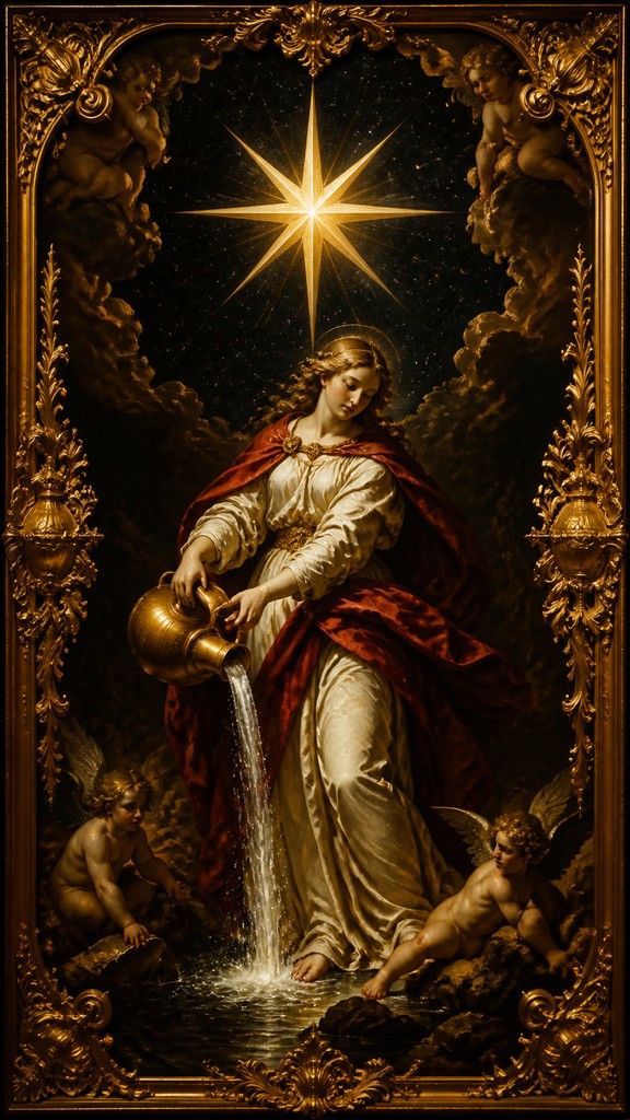 a robed figure pouring water beneath a large eight-pointed star in a night sky, symmetrical composition with an ornate decorative border, no text — Baroque Religious Art tarot card