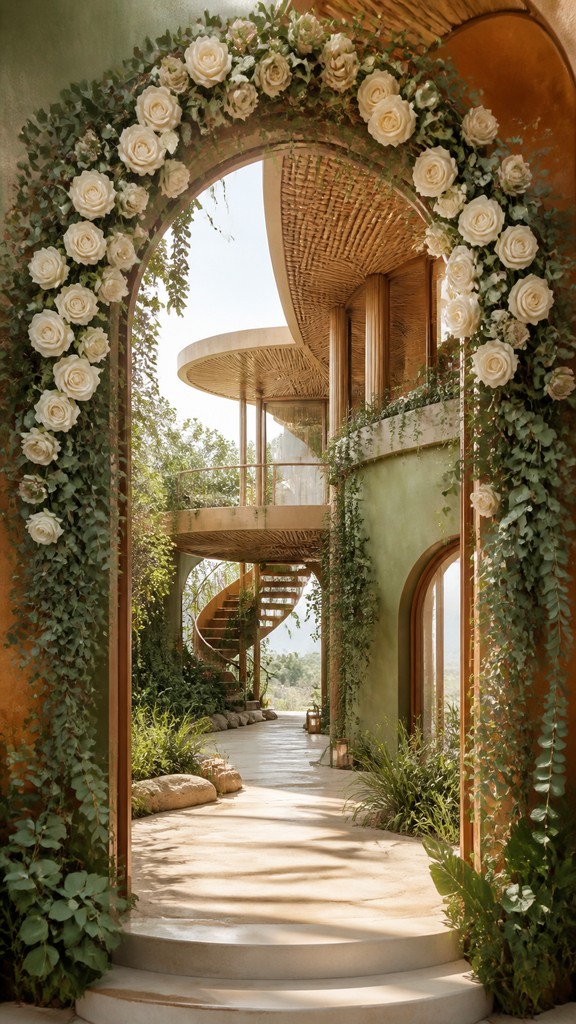 an arch of white roses and eucalyptus in soft morning light, elegant vertical composition with open space, no text — Sustainable Architecture Art wedding invitation
