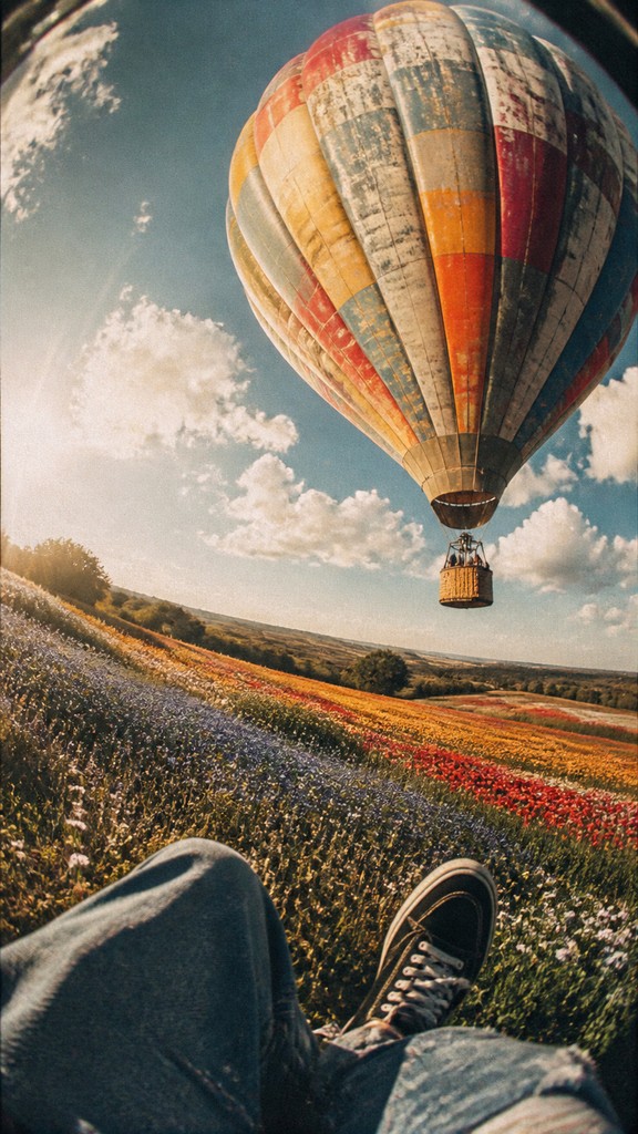a hot air balloon drifting over rolling flower fields on a sunny day, cheerful, no text — Skater Aesthetic greeting card