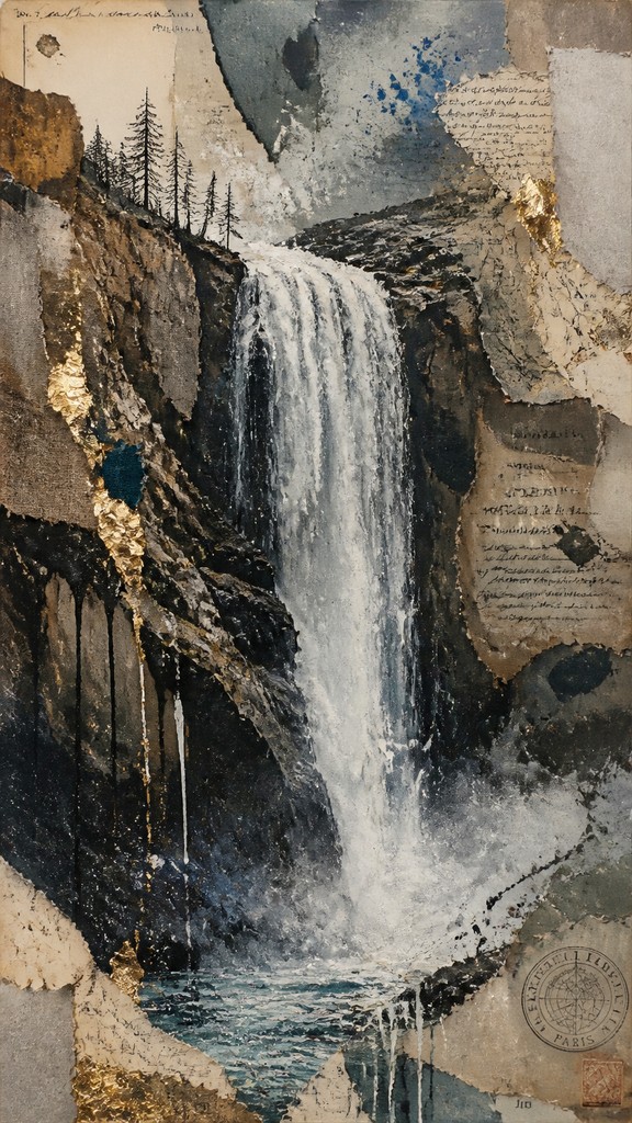 towering waterfall cascading down a cliff — Mixed Media Portrait Style