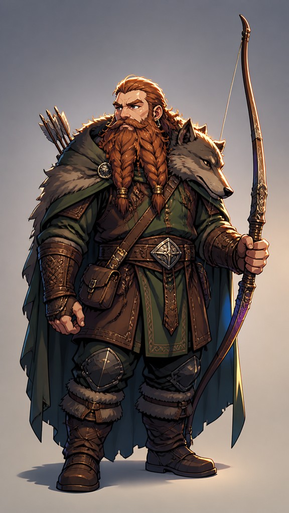 full-body original character: a dwarven ranger with a braided auburn beard, worn leather armor, a longbow and a wolf-pelt cloak, neutral background, no text — Anime Art Style tabletop character portrait