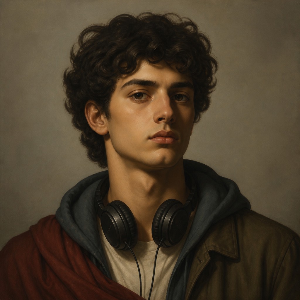 head-and-shoulders portrait of an original character: a young man with curly dark hair and headphones around his neck, plain backdrop, no text — Neoclassical Art Style Discord profile picture