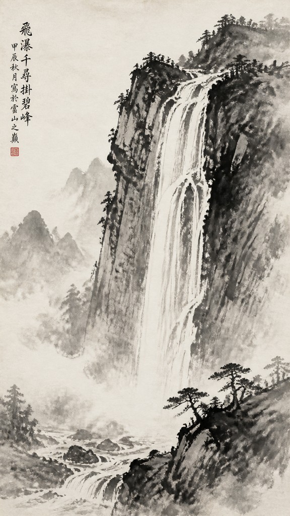 towering waterfall cascading down a cliff — Traditional Chinese Landscape Art Style