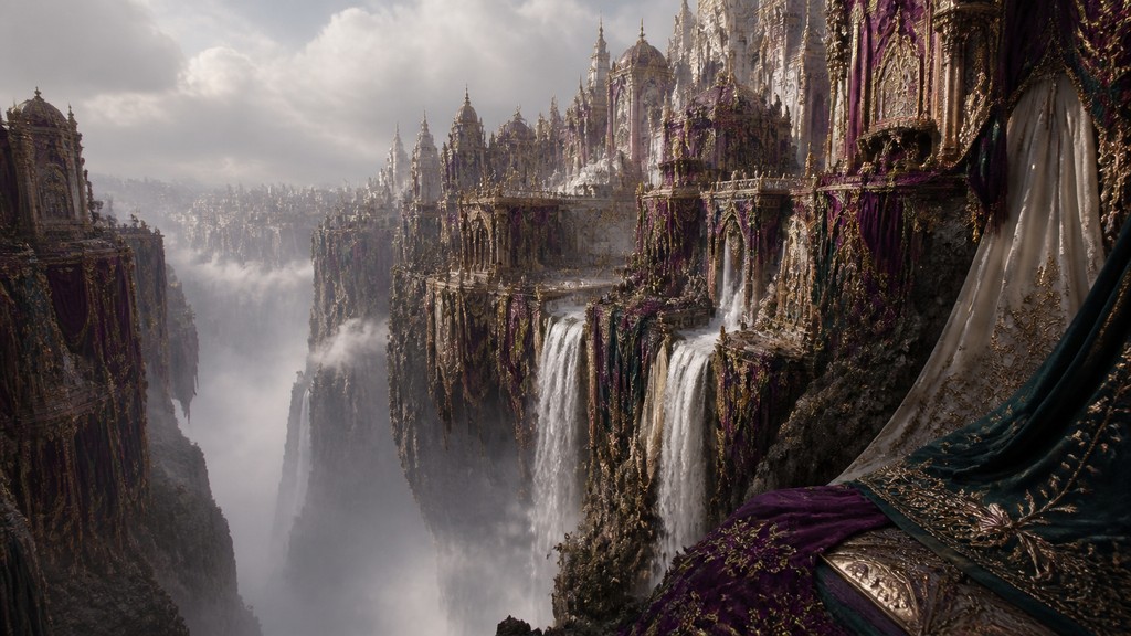 a cliffside city with waterfalls cascading into a misty canyon, wide establishing shot, no people, no text — Haute Couture Fashion Design concept art