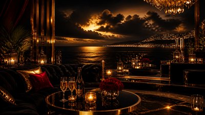 a panoramic ocean horizon with towering clouds at golden hour, no people — Night Luxe Aesthetic wallpaper