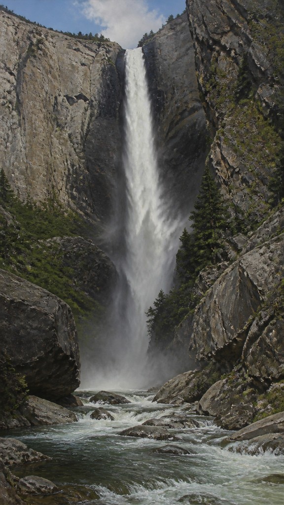 towering waterfall cascading down a cliff — Realism Art Style