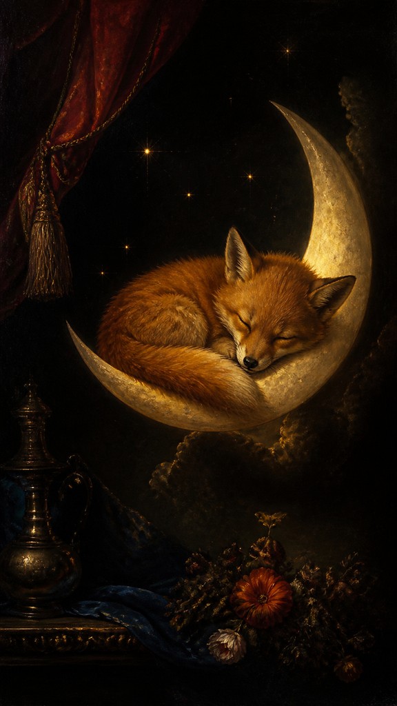 a sleeping baby fox curled on a crescent moon among soft stars, gentle and warm, no text — Dutch Golden Age Still Life Art Style baby announcement