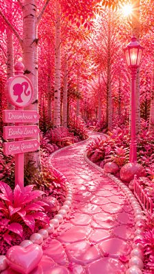 a winding forest path in golden autumn light, no people — Barbiecore Aesthetic wallpaper