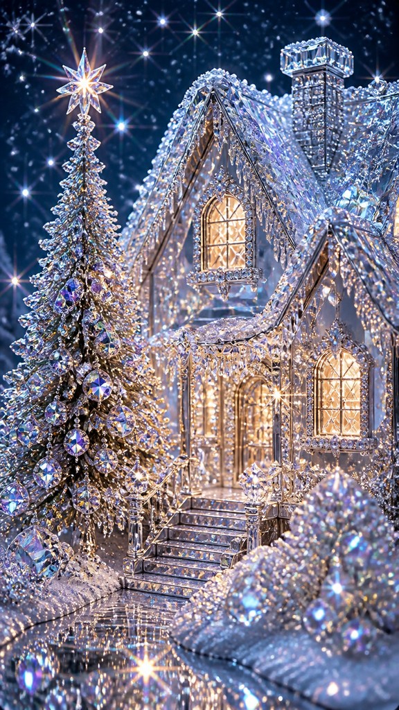 a snow-covered cottage with warm glowing windows beside a decorated pine tree, gentle snowfall, no text — Crystal Jewelry Style Christmas card