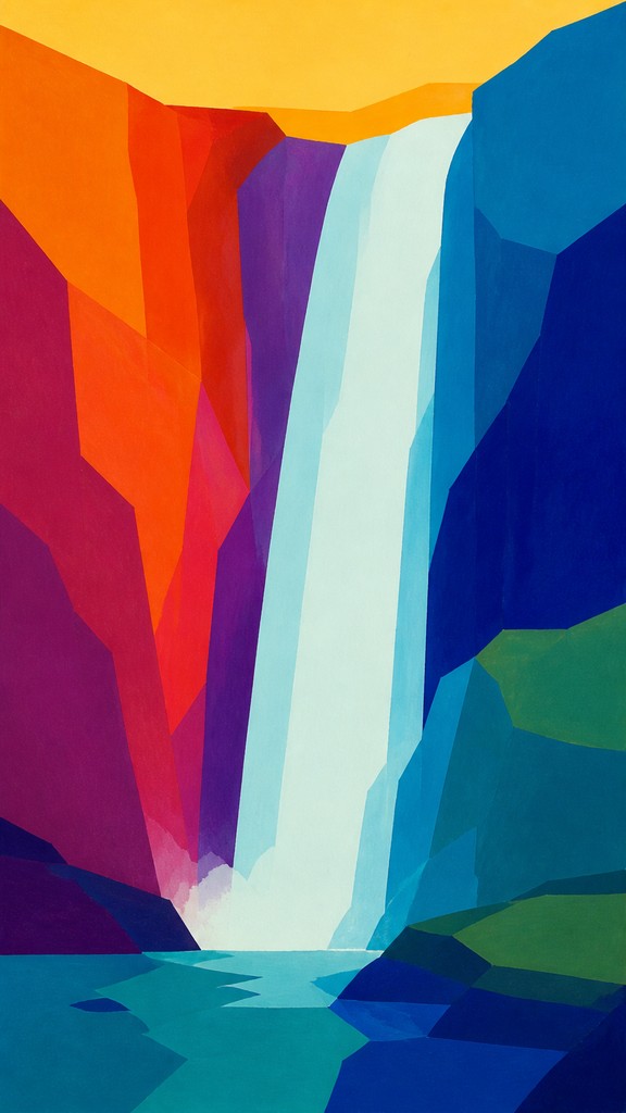 towering waterfall cascading down a cliff — Color Field Abstract Art Style