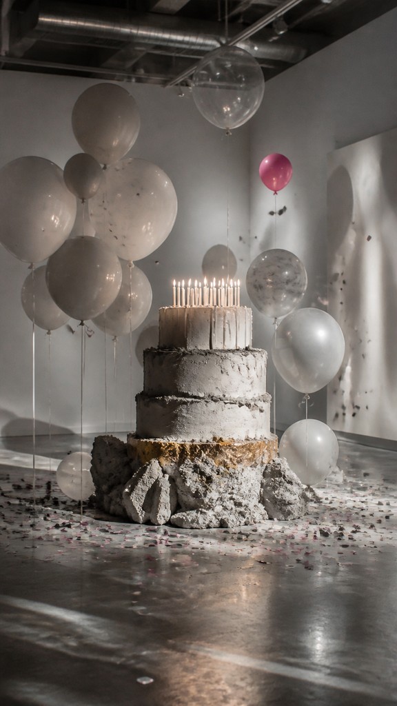 a birthday cake with lit candles surrounded by balloons and confetti, festive vertical composition, no text — Installation Conceptual Art Style birthday card