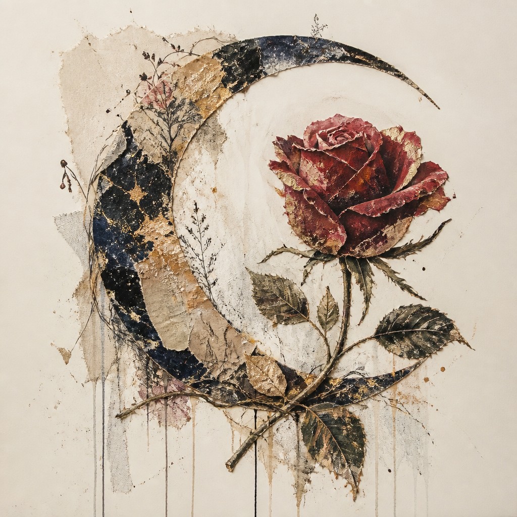 a rose entwined with a crescent moon, clean balanced composition on a plain background, no text — Mixed Media Portrait Style tattoo design