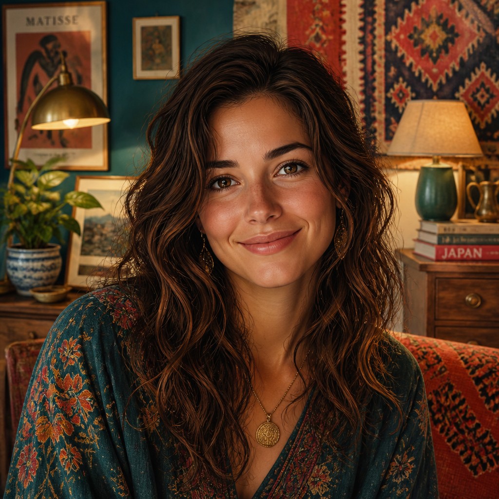 head-and-shoulders portrait of an original character: a young woman with wavy chestnut hair and a warm smile, plain soft backdrop — Eclectic Interior Design profile picture