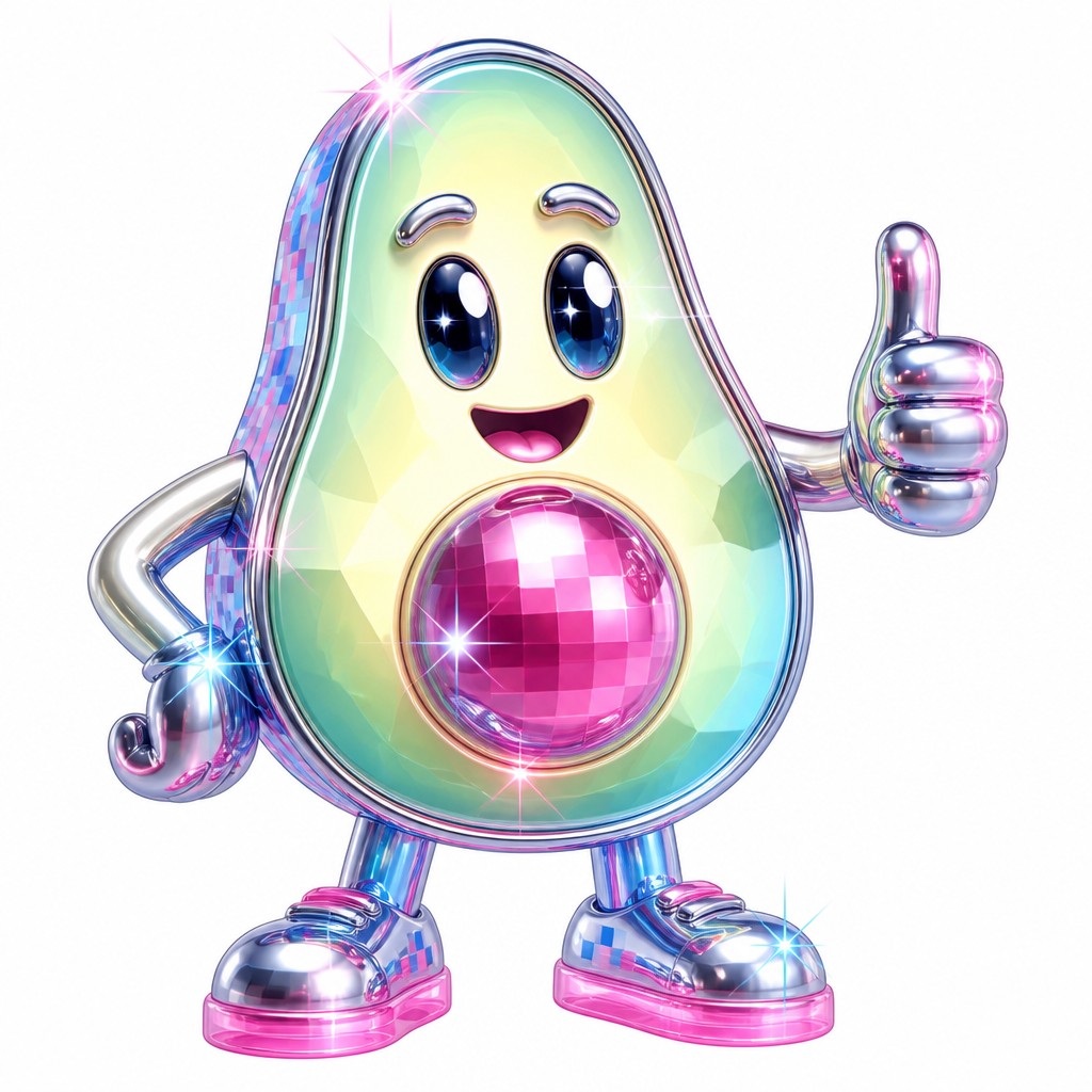 a happy avocado character giving a thumbs up, bold readable design on a plain background, no text — Y2K Aesthetic sticker