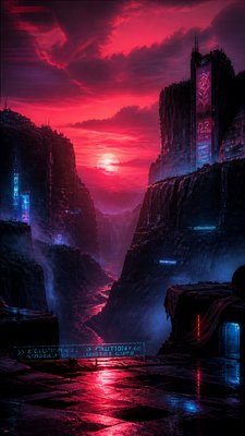 a desert canyon under a dramatic sunset sky, no people — Cyberpunk Sci-Fi Art wallpaper
