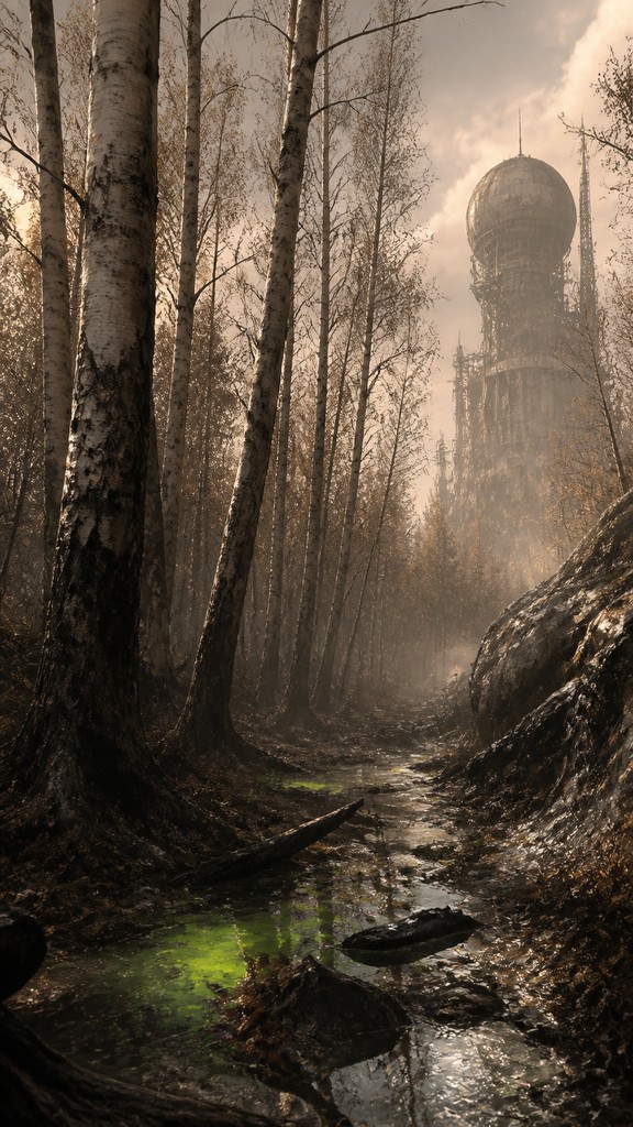 a serene birch forest in soft morning light, no people, no text — Post-Apocalyptic Sci-Fi Art wall art print