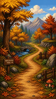 a winding forest path in golden autumn light, no people — 16-Bit Pixel Art Style wallpaper