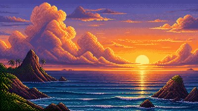 a panoramic ocean horizon with towering clouds at golden hour, no people — 16-Bit Pixel Art Style wallpaper